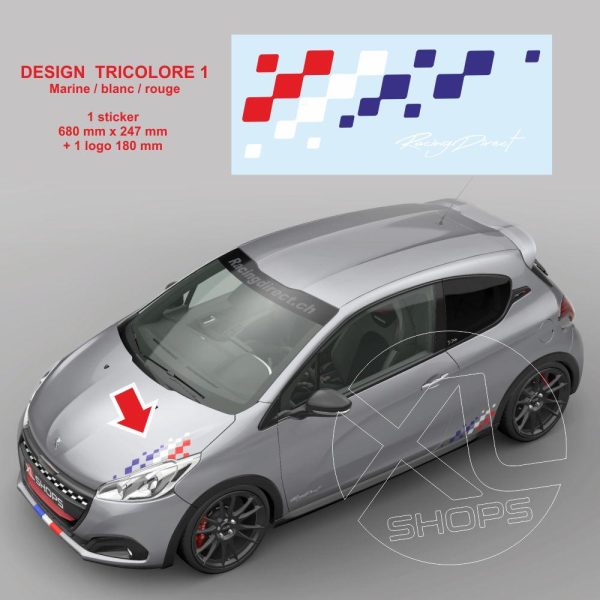 1 sticker PEUGEOT SPORT damiers tricolore capot moteur 68 cm