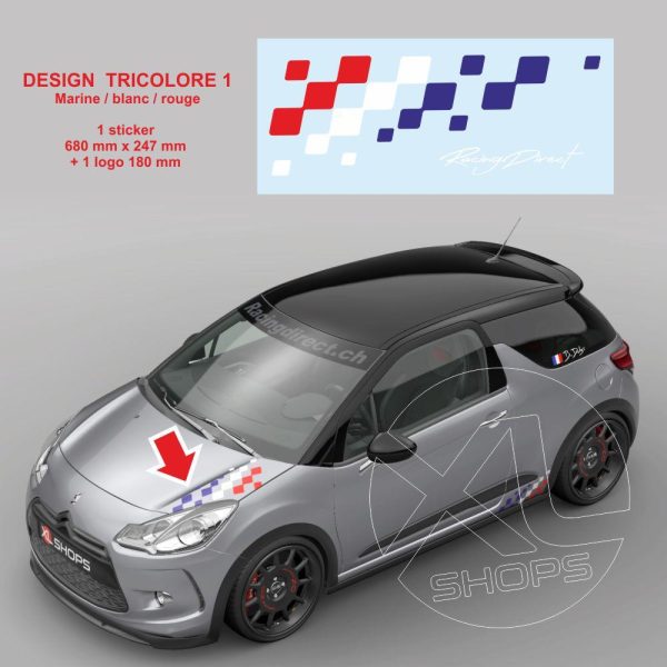 1 sticker CITROËN RACING damiers tricolore capot moteur 68 cm